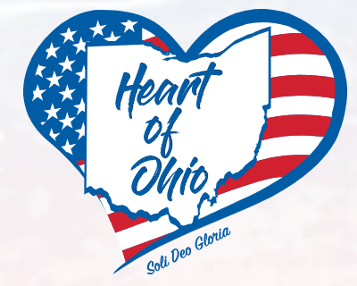Heat of Ohio logo. Outline of state of Ohio inside a love heart featuring American flag design.