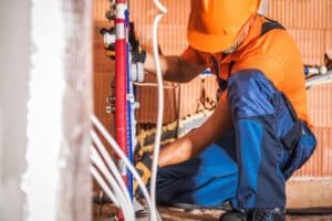  A plumber installs a kitchen sink 