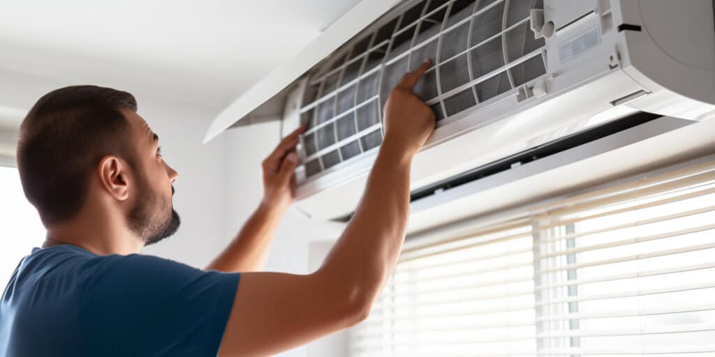 HVAC technician installing a ductless mini split in home